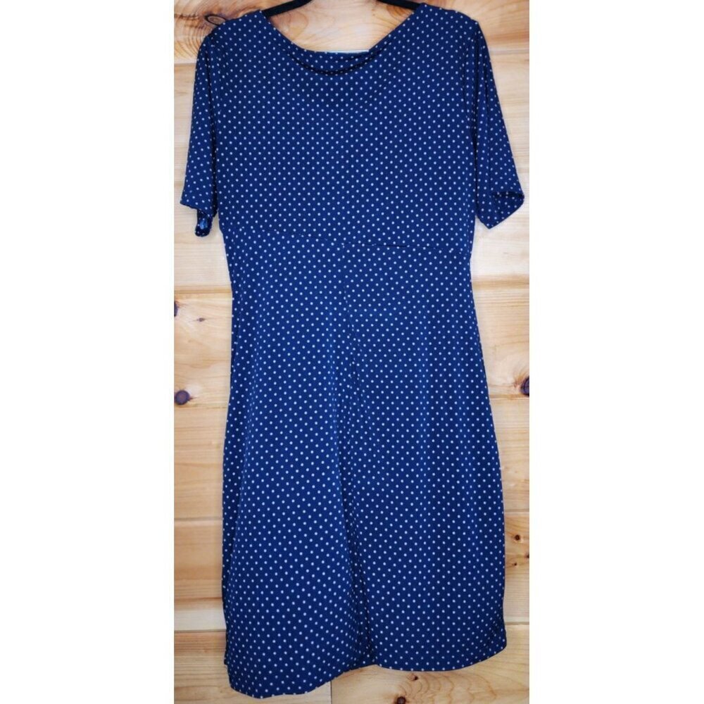Enfocus Studio Navy Blue Gold Polka Dot Sleeveless Ruched Dress Size 14 Petite - Picture 9 of 10